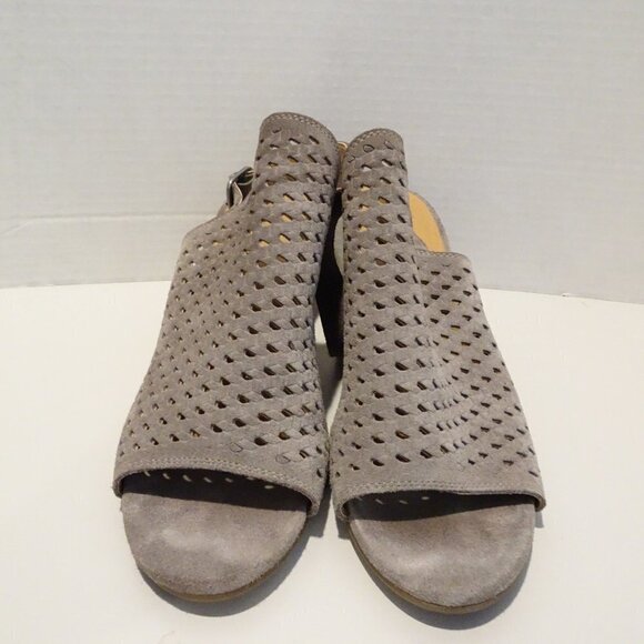 LUCKY BRAND Verazino Gray Perforated Peep Toe Heel Shoes Size 9.5 Leather Suede - Picture 1 of 5